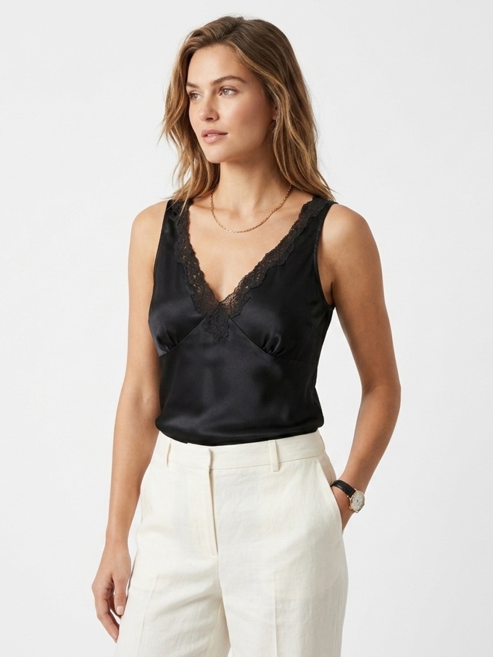 Garnet Hill Black 100% Silk Lace V-Neck Camisole Tank Top Size 10